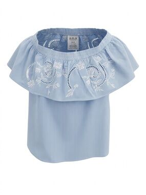 a.n.a Medium Blue Pinstripe Embroidered Off-The-Shoulder Top